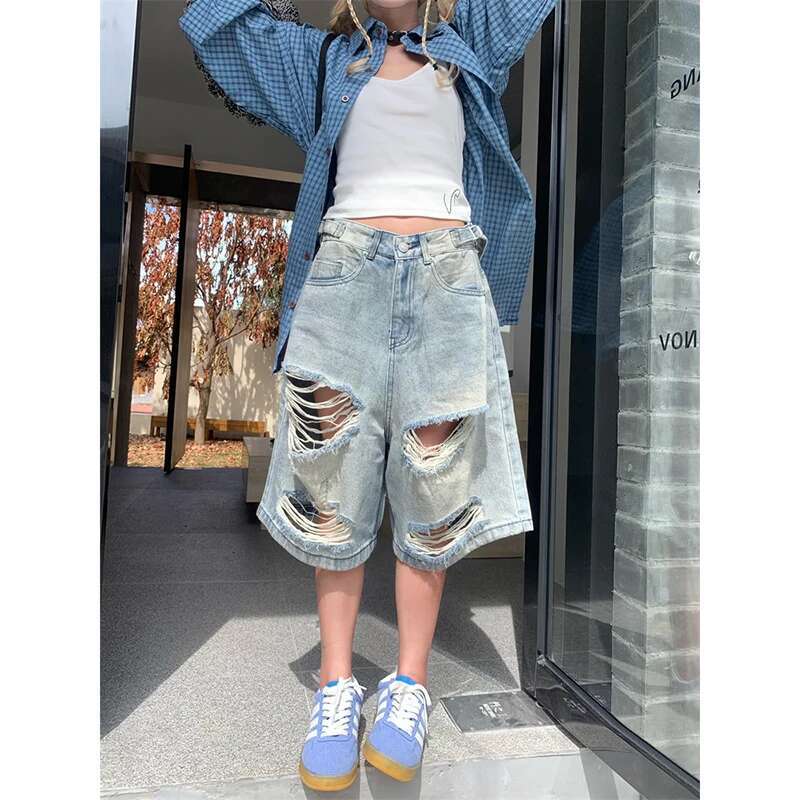 Summer Vintage Blue Ripped Short Jeans Women Oversized Distressed Jorts Y2k Grunge Baggy Boyfriend Denim Shorts Wide Streetwear