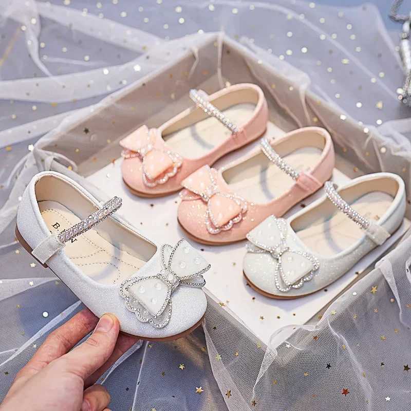 Pink Glass slipper Bows Rhinestone Girls Princess Shoes For Wedding Party Kids Leather Shoes Children Dance Performance ShoesT250306