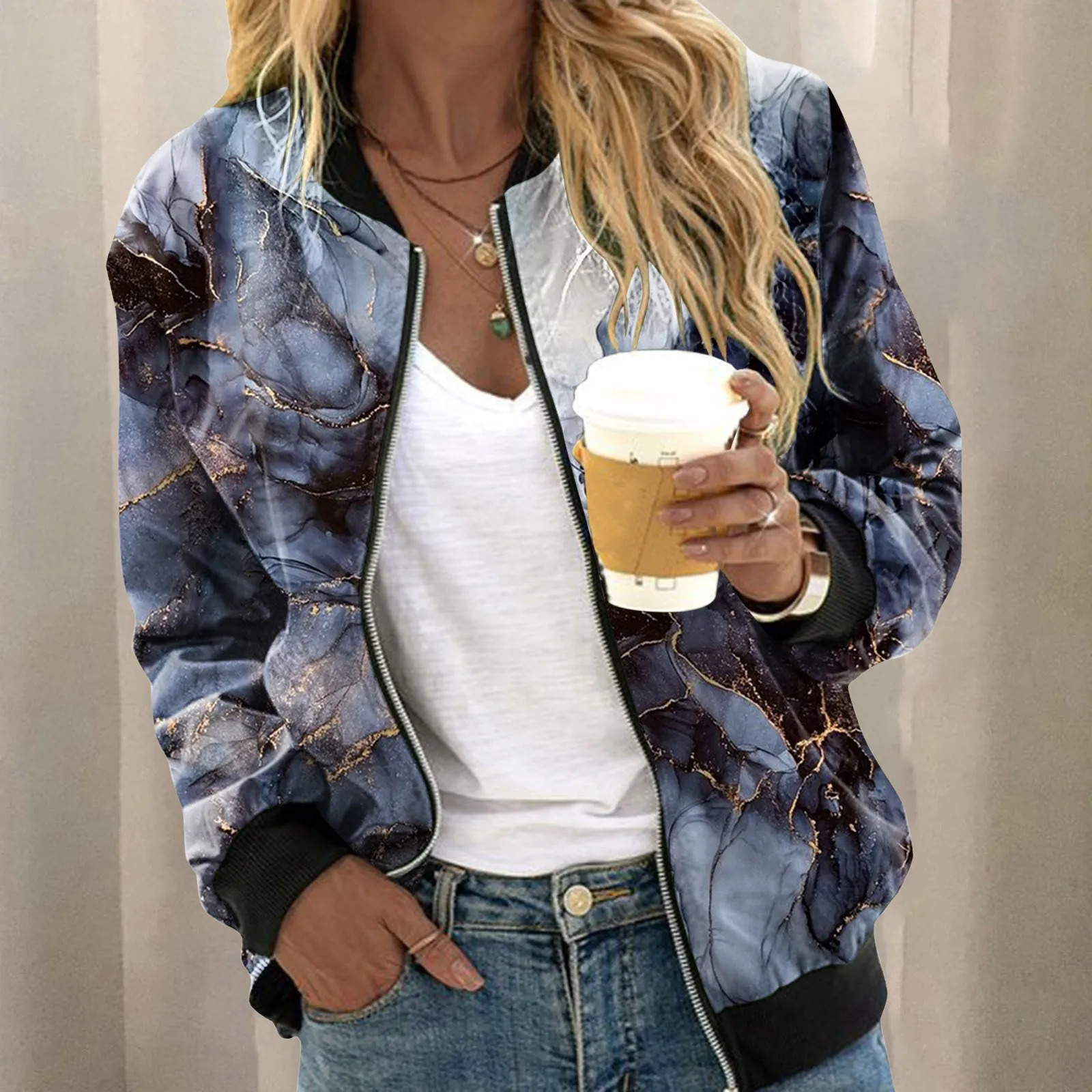 Womens Printed Bomber Jackets Zipper Casual Spring Autumn Coats Stand Collar Baseball Elegant Ladies Outerwear 250306