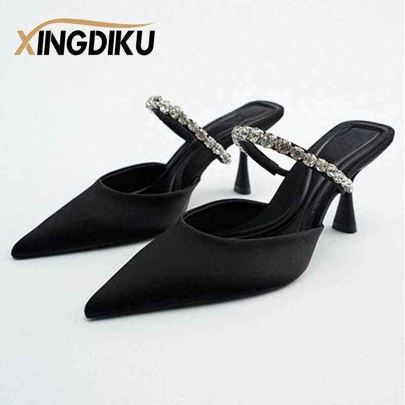 High Heel Sandals Summer 2022 New Pointed Toe Stiletto Black Sexy Ladies Sandals Rhine Sequins Big Size Slippers with shoes Y250306