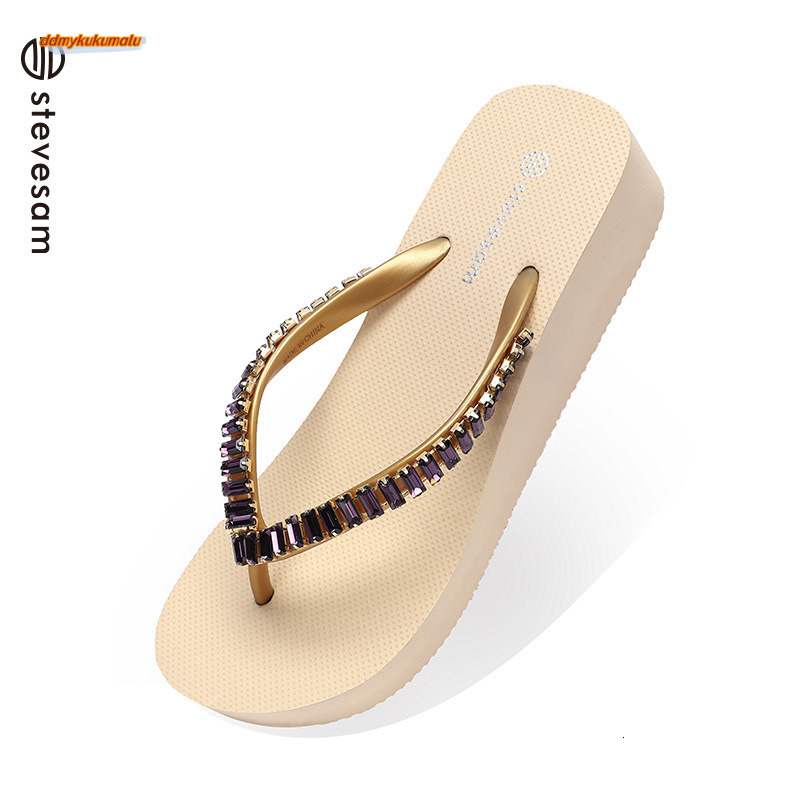 4CM Thick Bottom Water Diamond Slippers for Women's Summer New Fashionable Outerwear Height Increasing Shoes Beach Anti slip and Wear resistant F