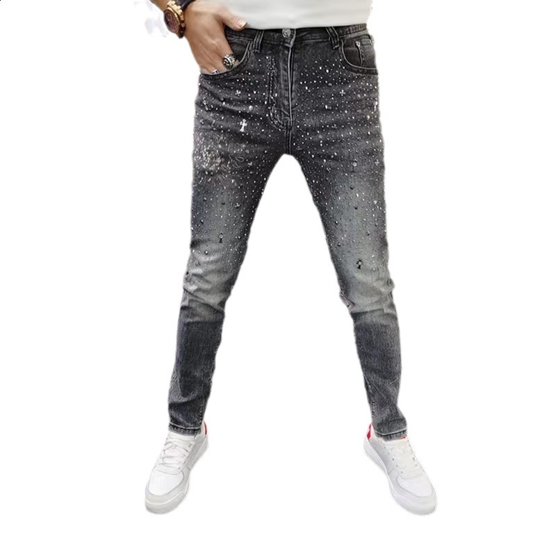 2023 Spring Trendy Brand Jeans Mens Light Grey Heavy duty Hot Diamond Fashion Casual Slim fit Small Leg Pants241206