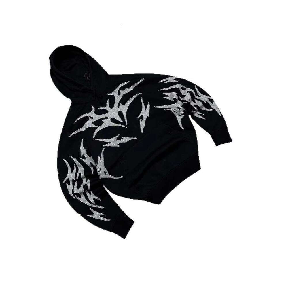 Y2K Cool Tide Dark Night with Unique White Skull Embroidery Design Pattern Black Hoodie