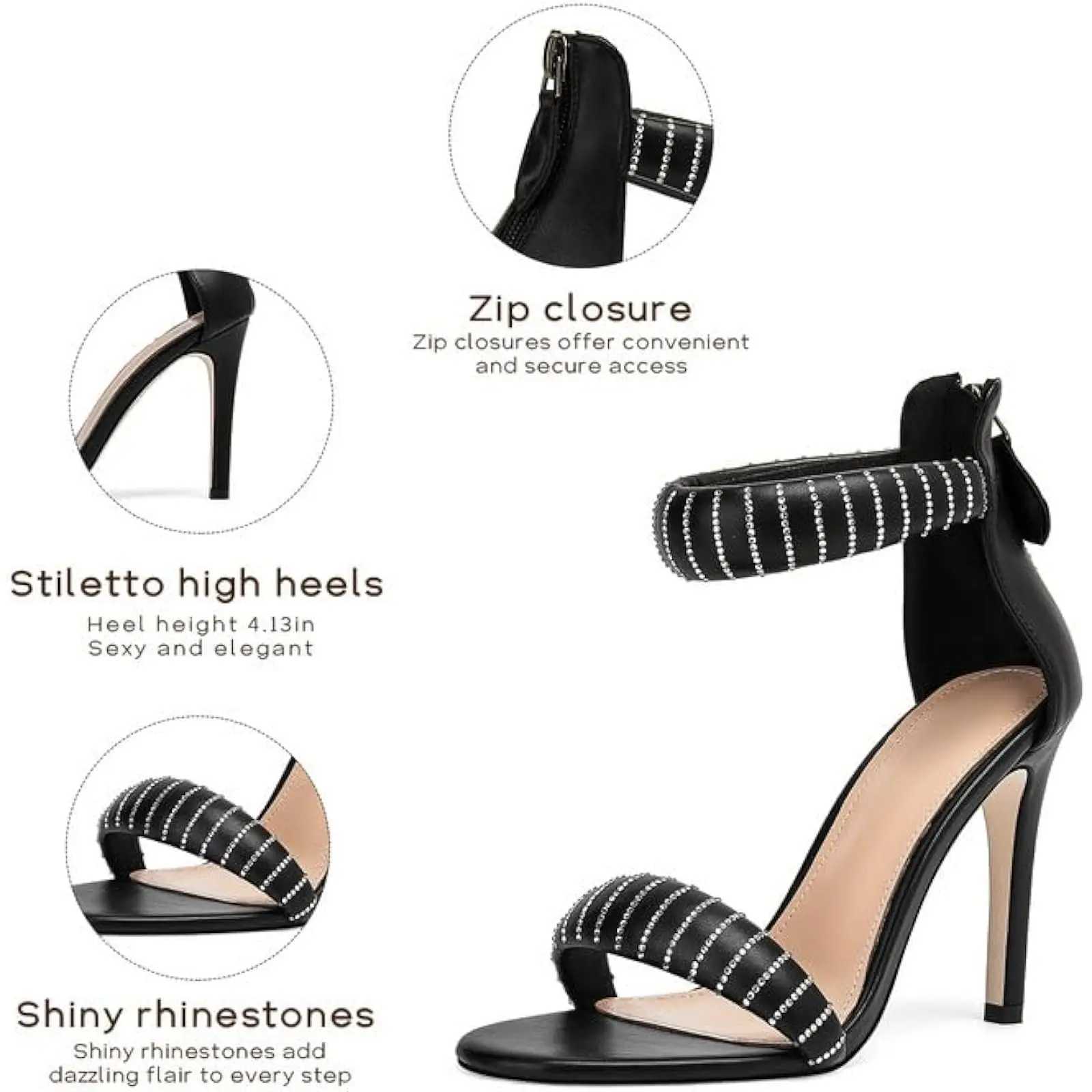Wens Stiletto Heel Sandals Ankle Strap with Rhine Detail and Back Zipper Round Open Toe High H for Prs and Part Y250306