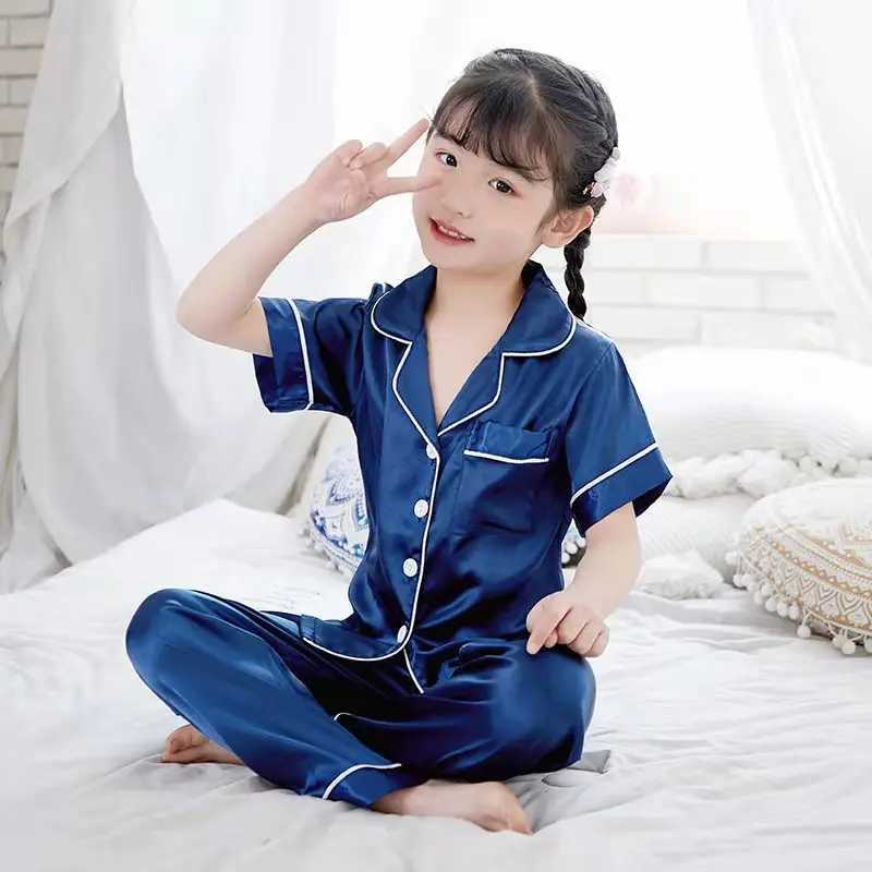 Childrens Pajama Set Cartoon Little Bear Girl Ice Silk Satin Top and Pants Set Boys Pajama Spring Summer Kids Baby Sleepwear M250306