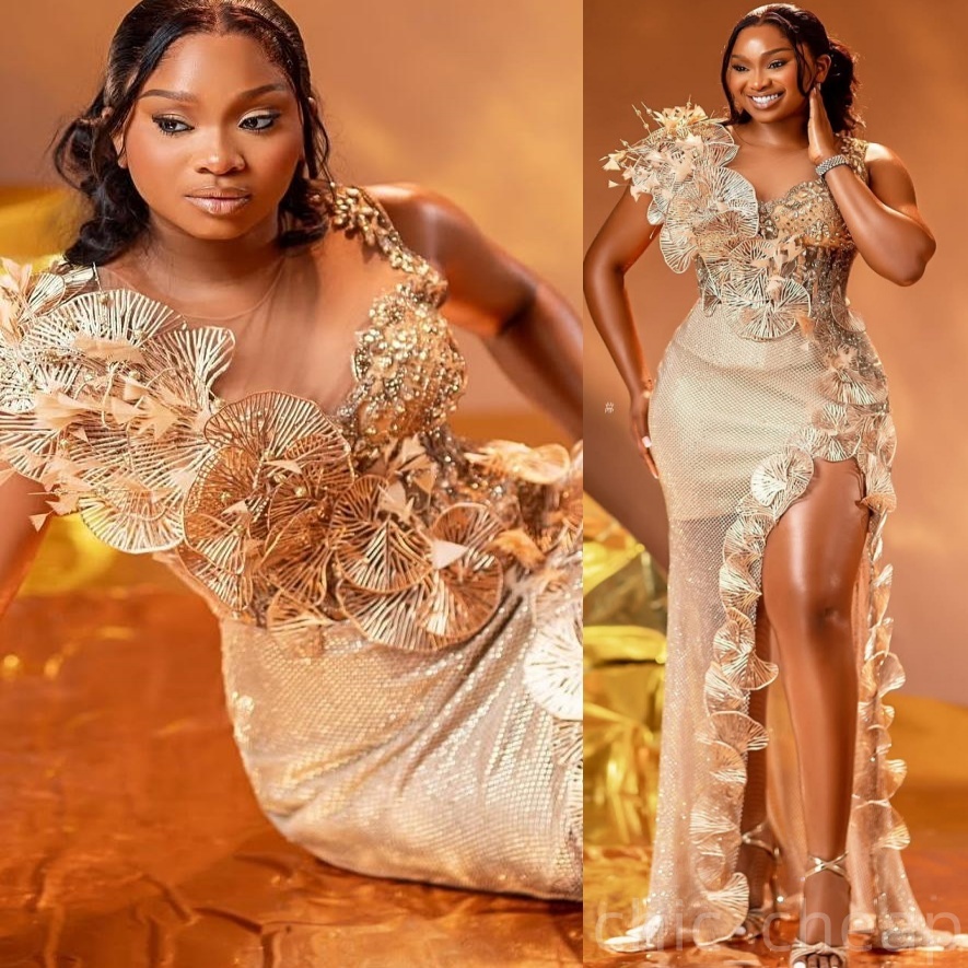 Gold Sheath Prom Dresses 2025 Flowers Crystals High Split Evening Formal Party Second Birthday Engagement Gowns Plus Size Dress For Special Occasions