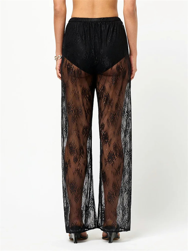 Womens Lace Pants Flower See Through Elastic Waist Straight Leg Long Trousers Casual for Beach Club 250306