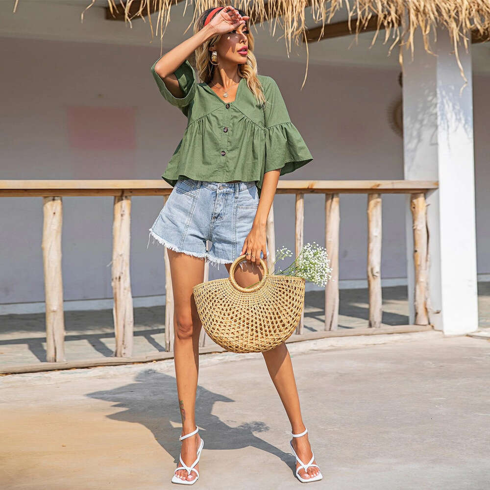 Women's Clothing Summer Loose Casual V-Neck Single Breasted Solid Color Small Fresh Shirt Cardigan Top KLMY