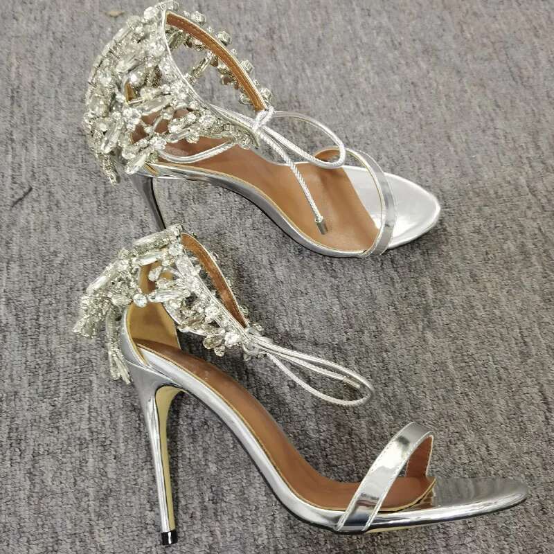 Colours Rhie Chains Narrow Band Sandals Wedding Women Bowknot Lace Up High Heel Open Toe Crystal Summer Party Shoes