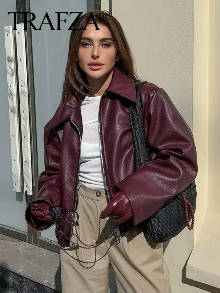 TRAFZA Women Fashion Bury Faux Leather Jackets Casual Lapel Long Sleeves Coat Zipper Autumn Female High Street Outerwear 250228