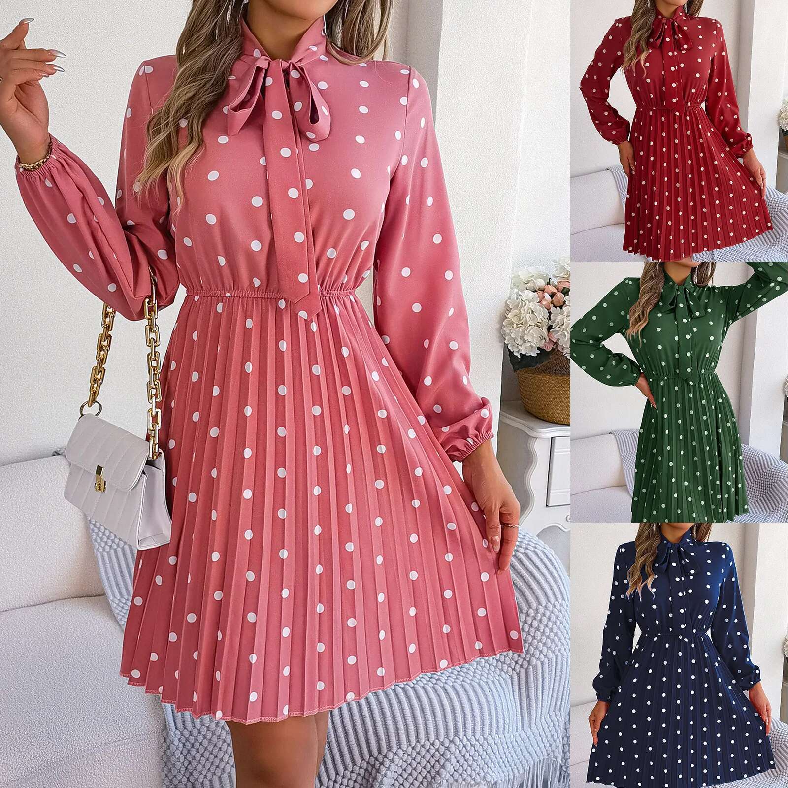 2025 Spring Summer Women's Polka Dot Lace-Up Waist Tuck Long-Sleeved Pleated Dress For Women Elegant Office Laides Dresses