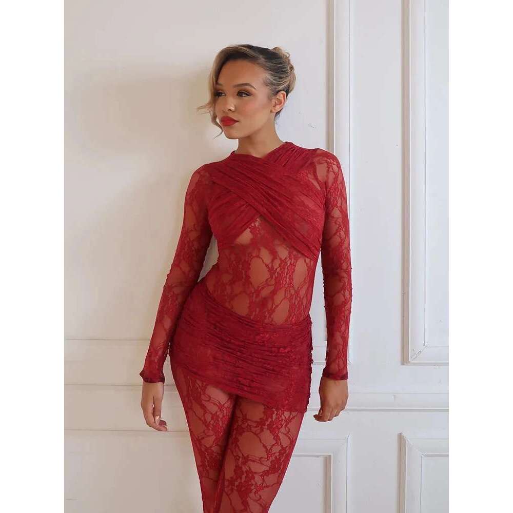 Sibybo Sexy Lace See Through Splice Jumpsuit Basics Solid Color Skinny Mini Skirt 2 Pices Summer Spicy Girl Set KLMY