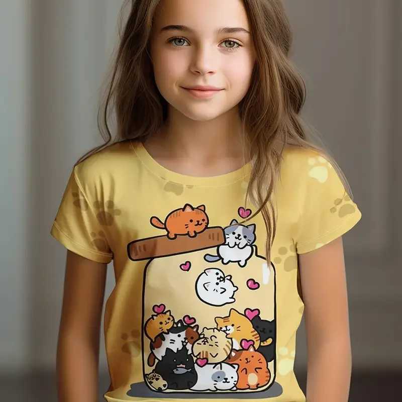 Kids Clothes Childrens T-Shirt Girl Short Sleeve Top Cartoon Cat Kawaii Girls Summer Clothes Child T-Shirt Childrens ClothingT250306