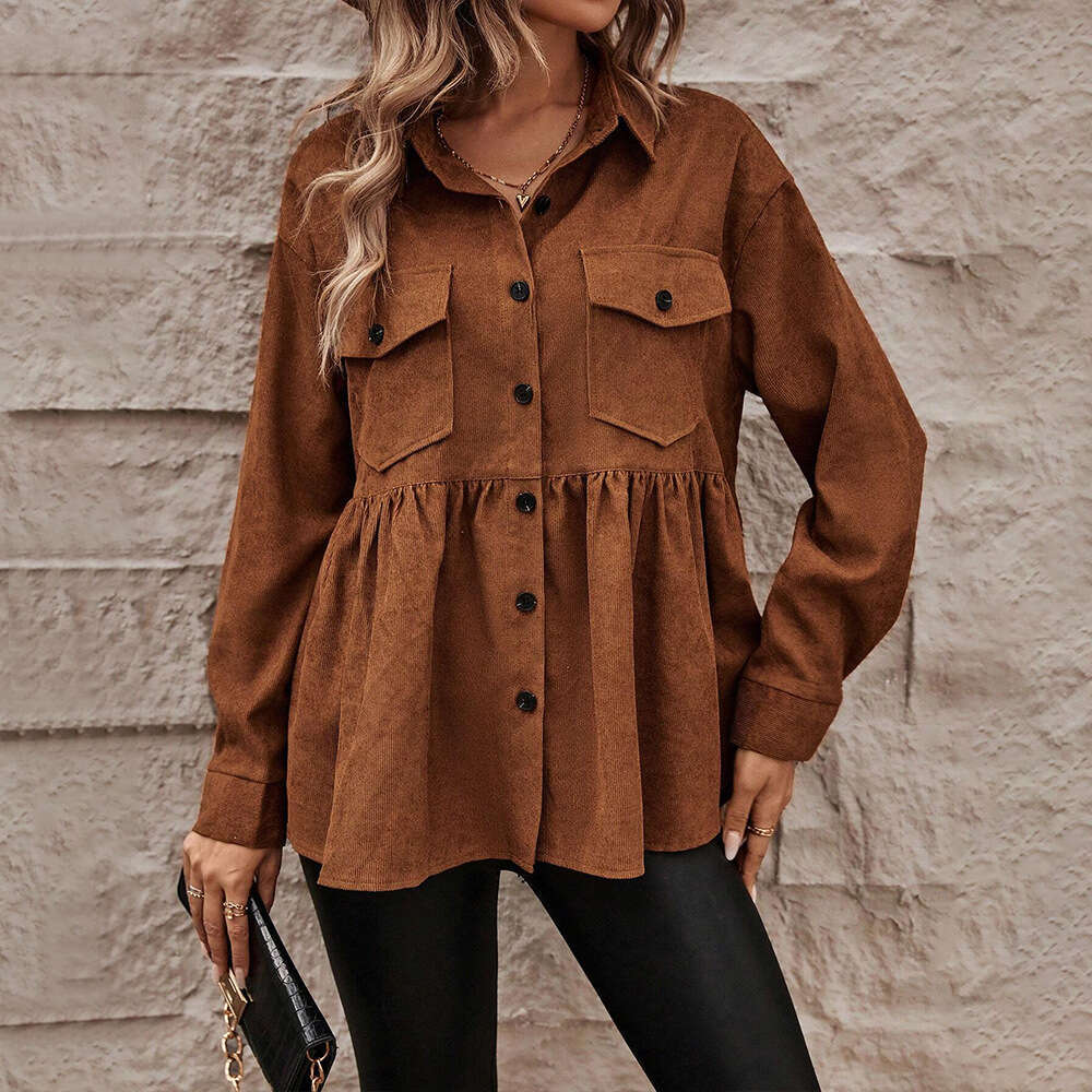 International Station Women's Versatile Commuter Long Sleeve Shirt Autumn/Winter Brown Loose Cardigan Top KLMY