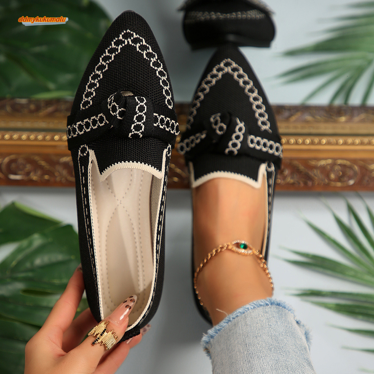 2025 slim pointed oversized flat sole single shoe with flying weave butterfly bow for casual and breathable women's shoes #ddmykukumalu