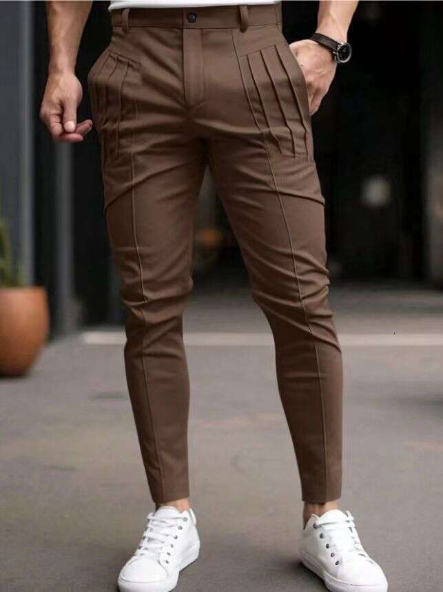 European and American hot selg men's solid color tight pocket zipper casual slim fit small leg pants 2025 temperament versatile new trend clothin