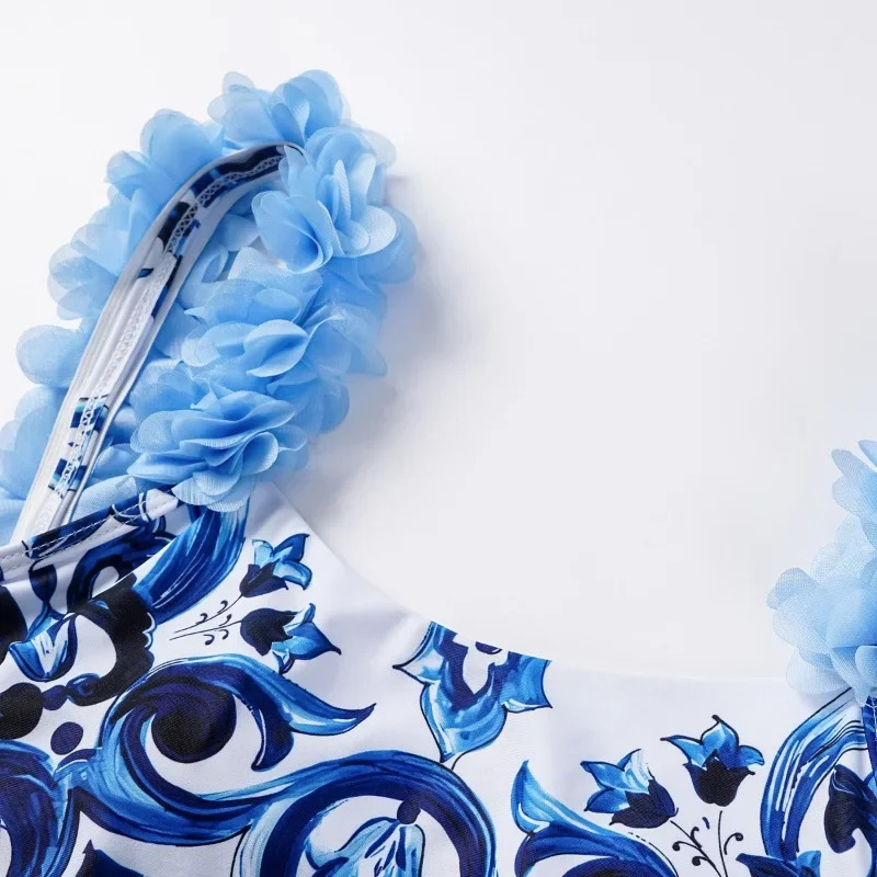 Retro One Piece Swimsuit Backless Applique Blue and White Porcelain Printed Pwimsuit Suit Women 250306