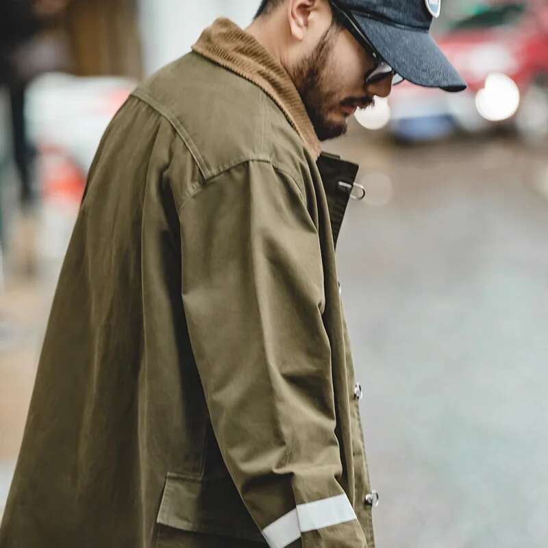 Maden Vintage Corduroy Turn-Down Trench Coat For Men Autumn Dark Green Mid-Length Jacket Men's Loose-Fit Outerwear Streetwear