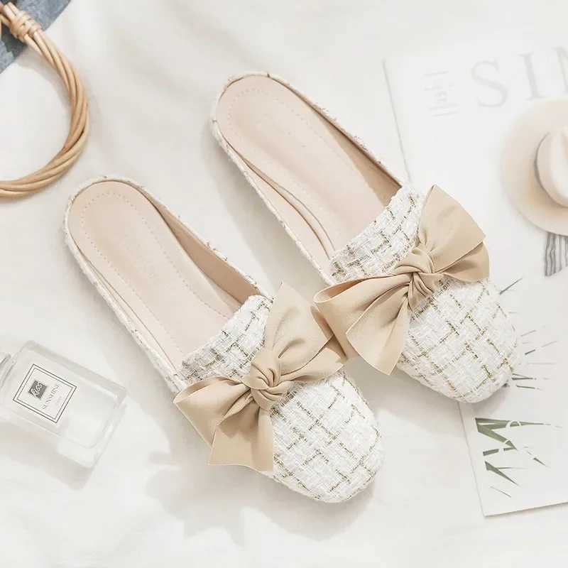2023 Luxury Wan Knife Summer Close Toe Win Slippers Bowtie Lazy Slides Flat Heel Girl Slippers Korean Outdoor Flip Flops Y250306