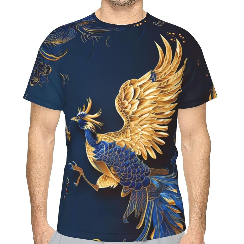 Mens T shirt Blue Gold Phoenix 3D Graphic T-Shirt for Men and Women - Dark Blue Trendy Casual Soft Comfort Crew Neck Tee tee Casual tops summer clothe