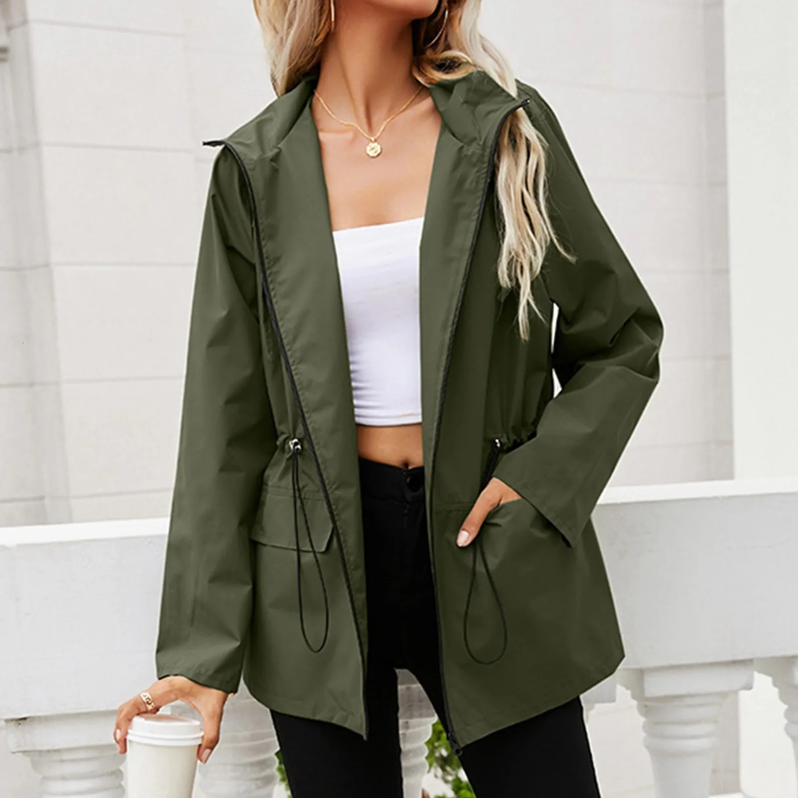 Jackets Women Plus Size Hooded Zipper Raincoat Outdoor Sports Windproof Jacket Casual Hiking Outerwear Coats Woman Clothing 250306