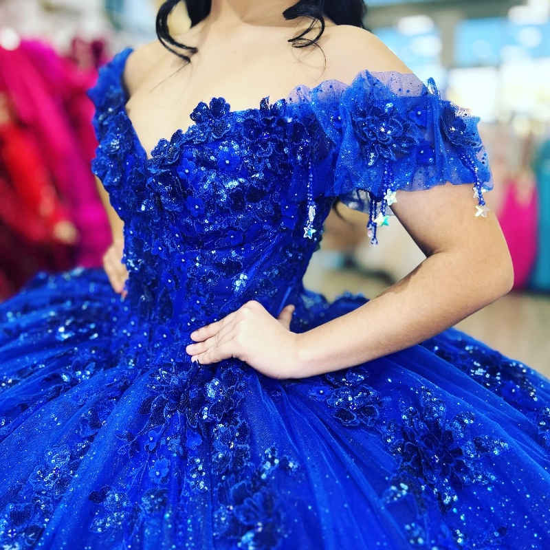 Royal Blue Shiny Quinceanera Dresses Ball Gown Off Shoulder Applique Lace Beading Tull Corset Sweet 16 Dress Vestidos 15 De Anos