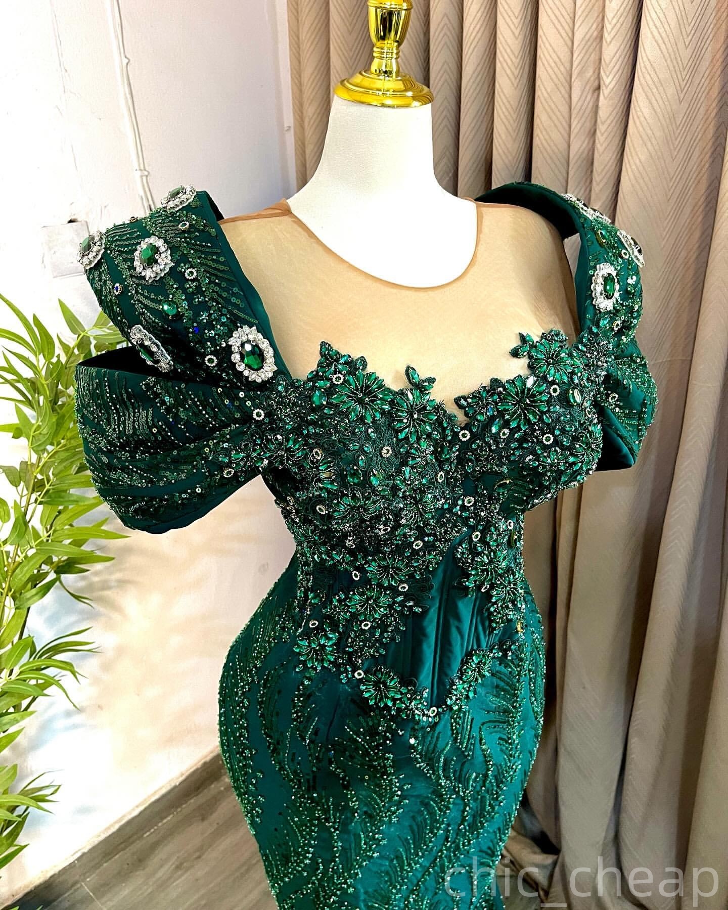 Dark Green Mermaid Prom Dresses 2025 Beaded Crystals Sequined Evening Formal Party Second Birthday Engagement Gowns Plus Size Dress For Special Occasi