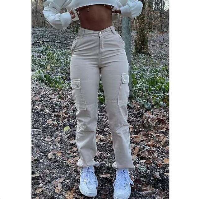 High quality European American high waisted pants with multiple pockets, fashionable and stretchy workwear, trendy street women's pants, 2025 new