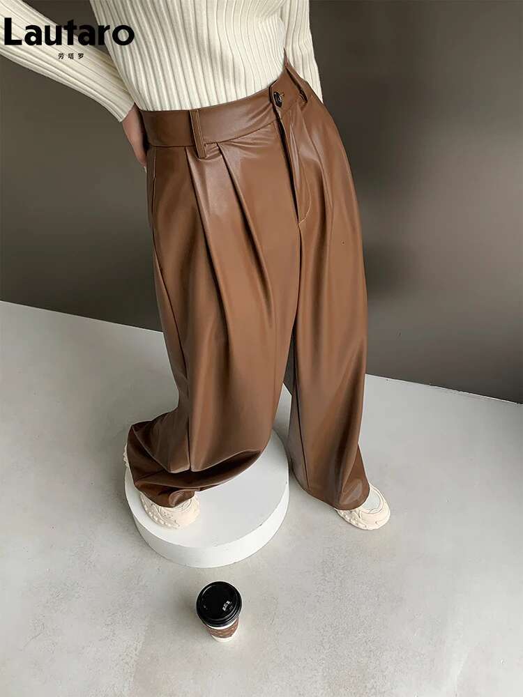 Lautaro Spring Autumn Loose Casual Wy Soft Black Brown Pu Leather Wide Leg Pants For Women High Waist Emo Korean Fashion 2023
