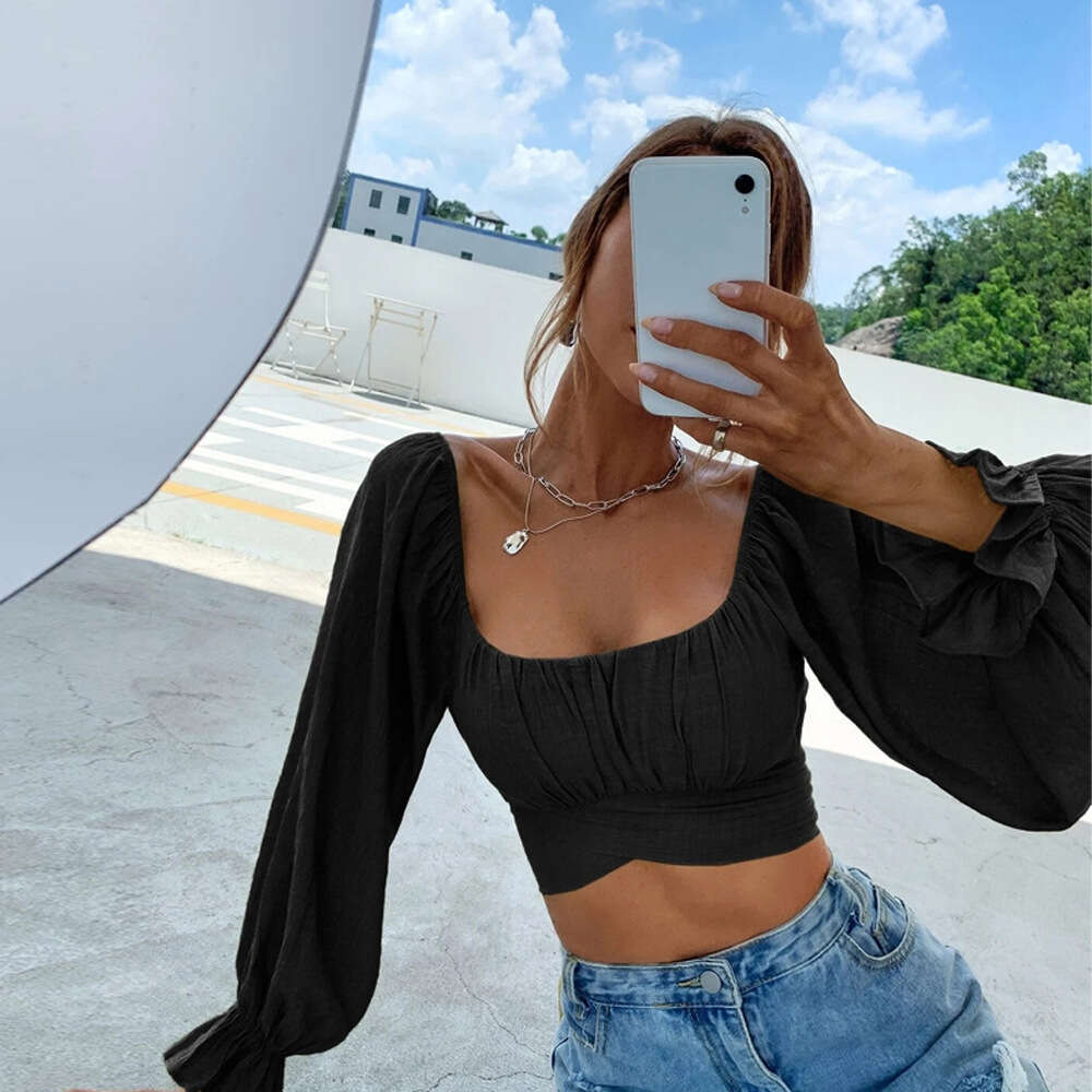 Spring/Summer New Sexy Style Tie Fit Square Neck Ultra Short Long Sleeved Women's Shirt Top For Women KLMY