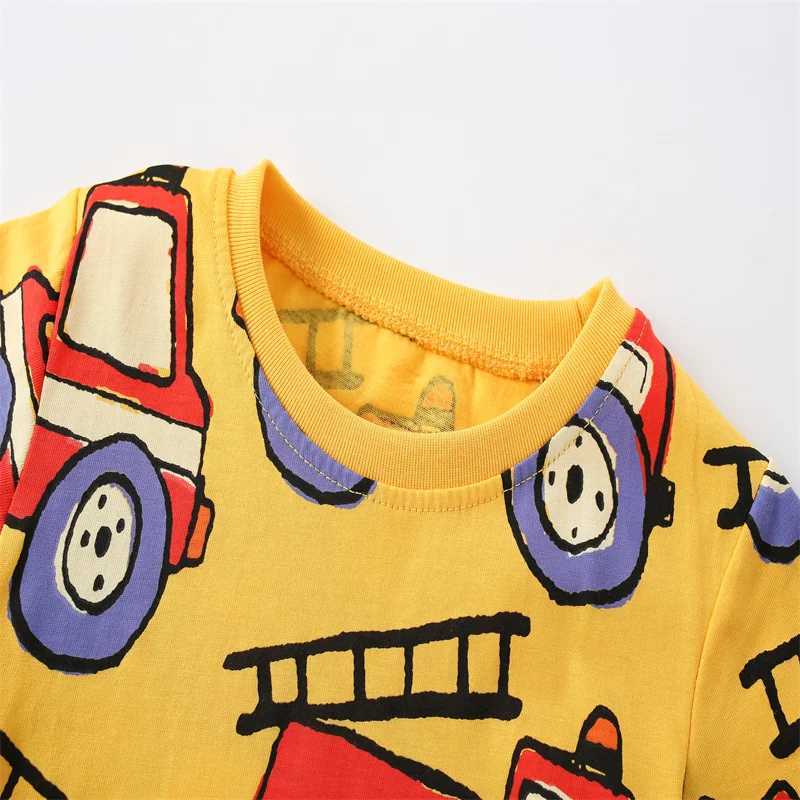 Jumping Meters 3-8T 100% Cotton Boys Kids Tees Firetrucks Print Fashion Summer Girls Tshirts Baby Clothes Childrens Tees TopsT250306