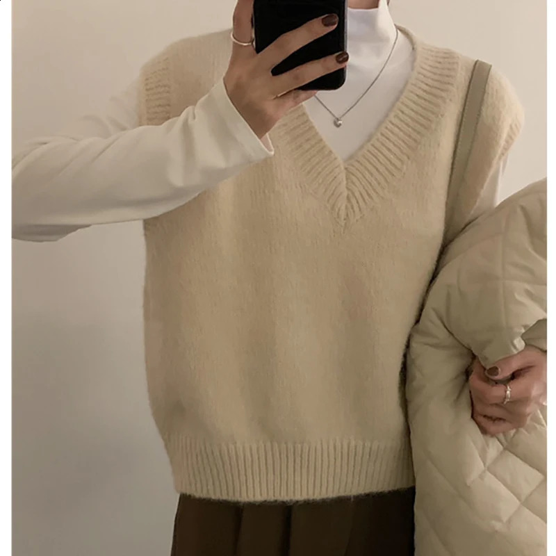 HELIAR Women VNeck Knit Office Sweater Vest Loose Casual Pullovers Bottoming Solid For 2024 Fall Winter 250227Z