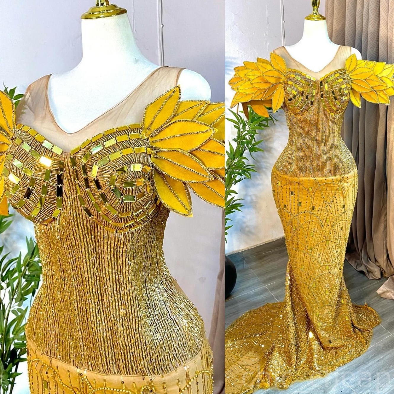 Yellow Mermaid Prom Dresses 2025 Florals Beaded Crystals Sequined Evening Formal Party Second Birthday Engagement Gowns Plus Size Dress For Special Oc