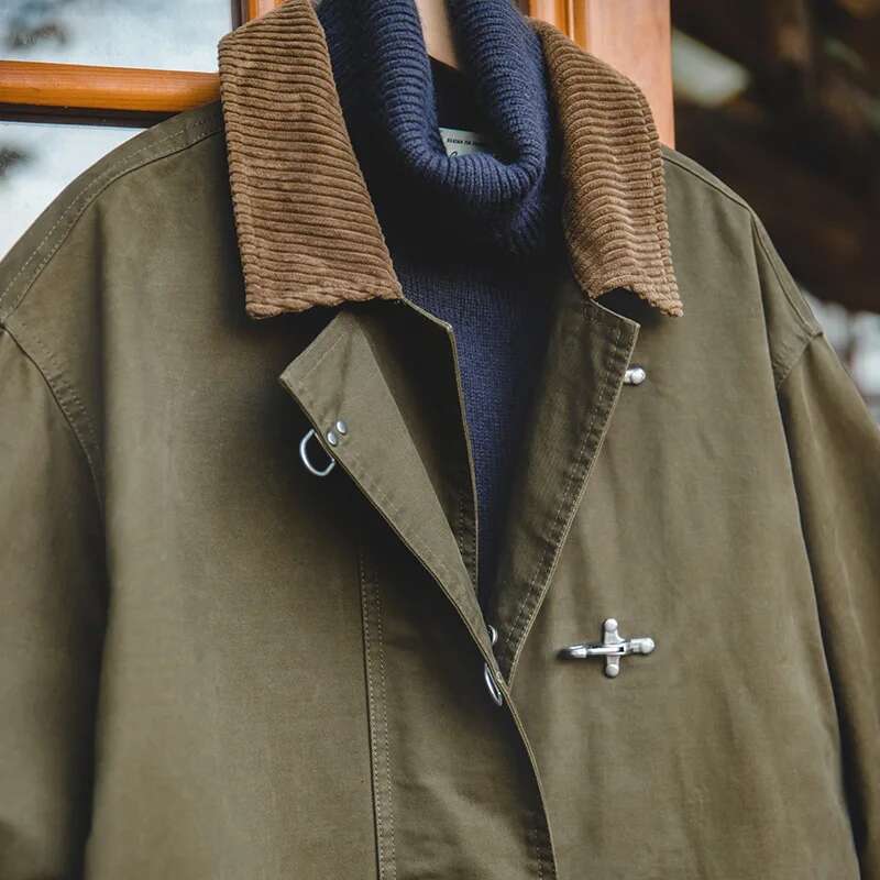 Maden Vintage Corduroy Turn-Down Trench Coat For Men Autumn Dark Green Mid-Length Jacket Men's Loose-Fit Outerwear Streetwear