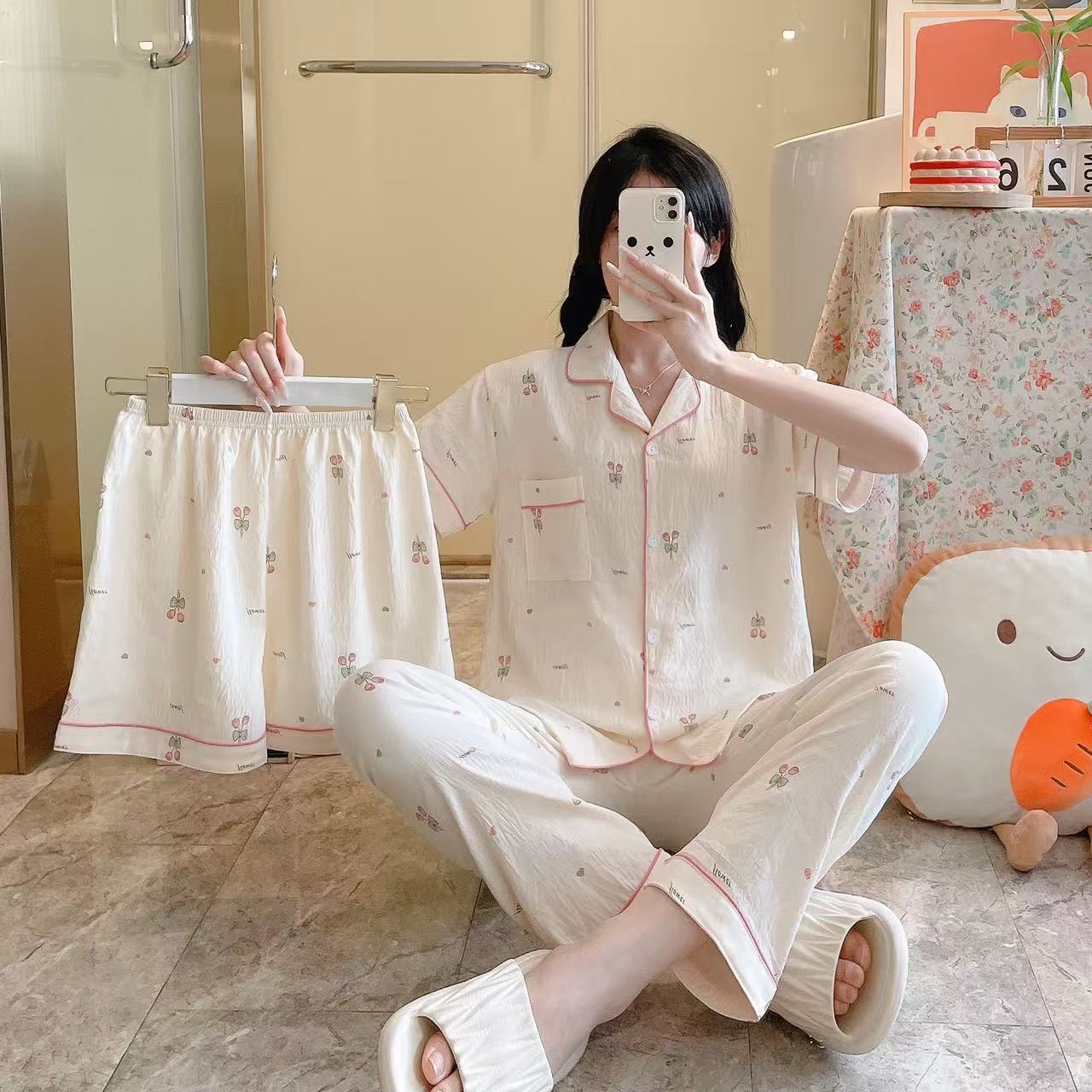 B754-Cotton pajamas three-piece suit for women summer short-sleeved trousers shorts spring and autumn home clothes suit