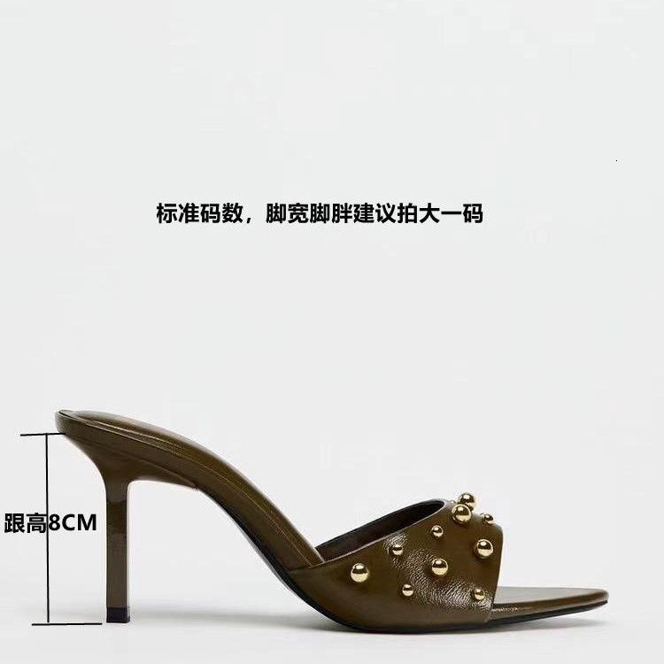 ZA Shoes 2024 Summer New Style Waste Earth Wind Rivet Army Green One Foot Stiletto High Heel Sandals Women's French