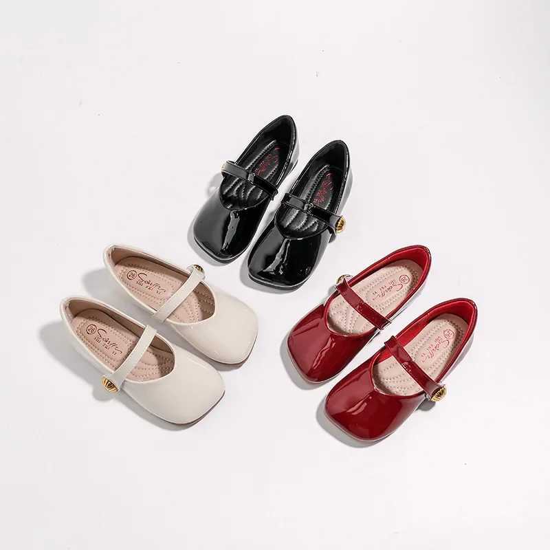 2024 Girls Leather Shoes Square Toe Elegant Shallow Kids Mary Janes Flat Sole Comfy Children Single Shoes Girls Princess ShoesT250306