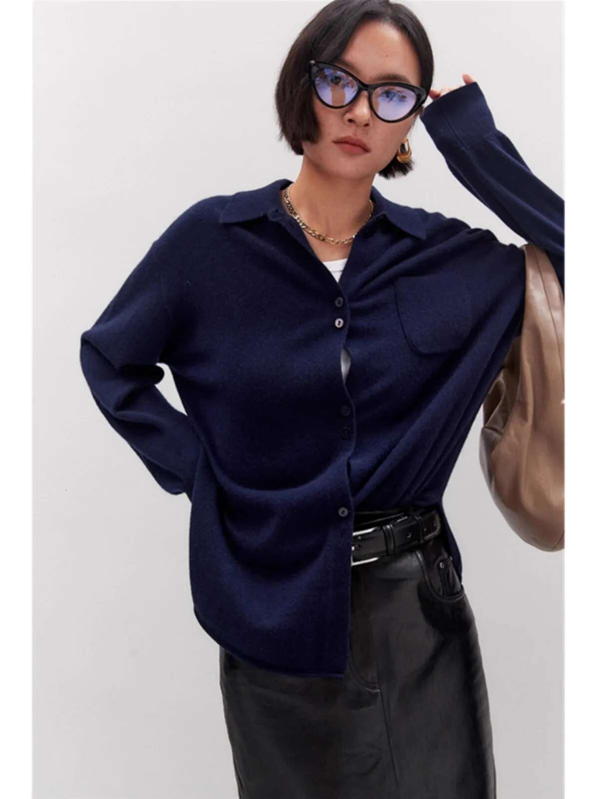 Europe Station Loose Mid-Length POLO Collar 100% Cashmere Knit Cardigan Women's Spring And Autumn Large Size Lapel Sweater