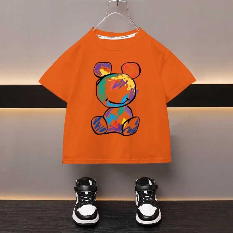 Boys Cotton T-shirt Cartoon Graffiti Bear Printed Girls Tees Summer Short Sleeve Children Tops High Quality Casual Kids ClothesT250306