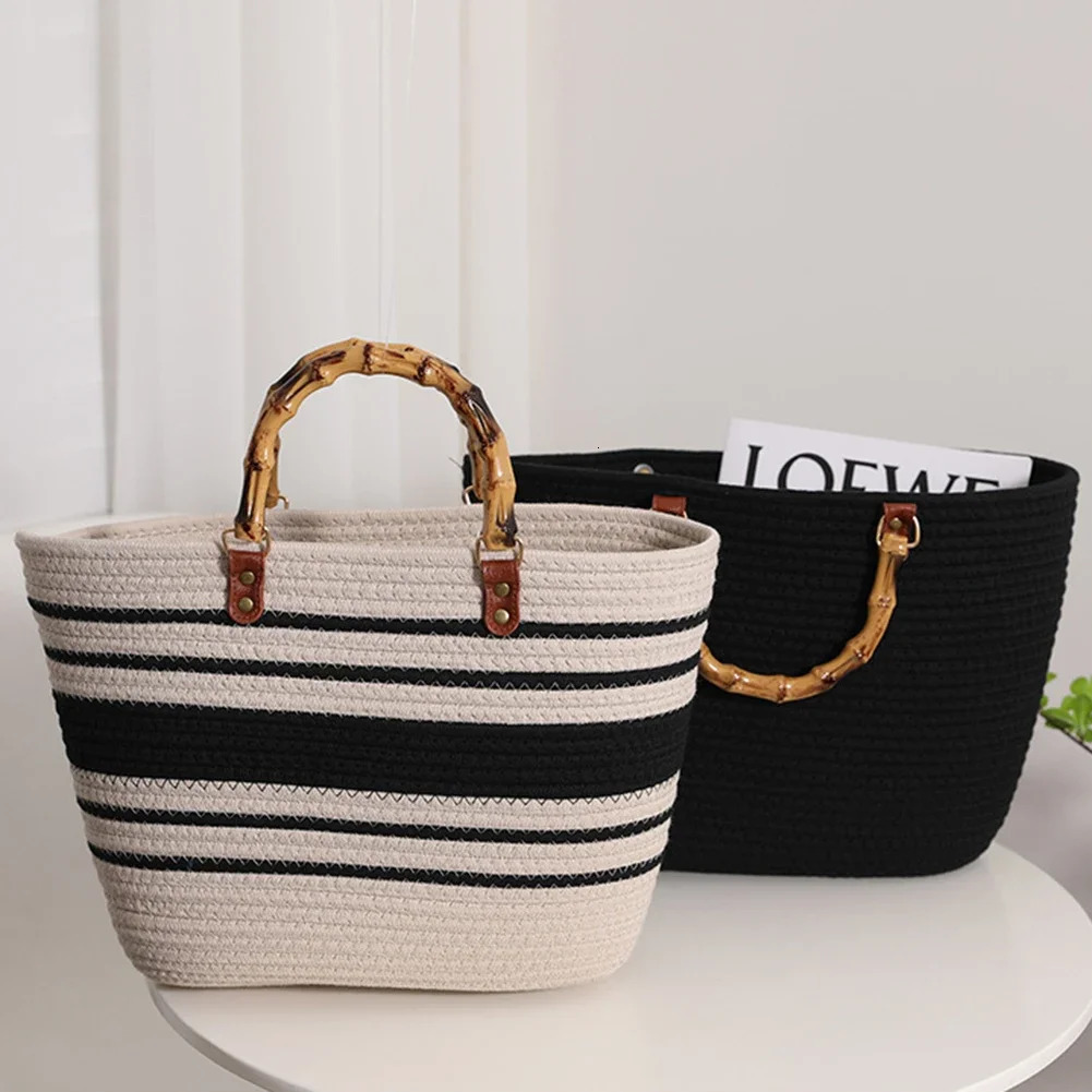 Womens Woven Tote Bamboo Handle Shopping Tote Bag Large Capacity Striped Handbag Casual Fashion Exquisite Clutch Beach Bag 250306