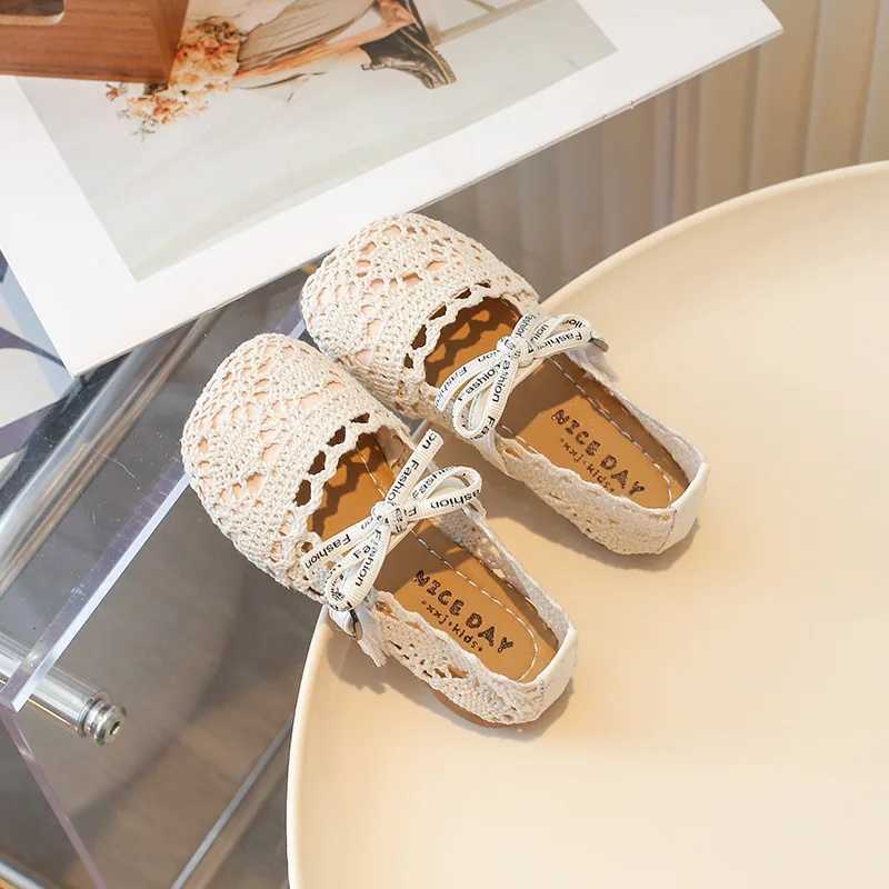 Bow Mesh Girls Flats Shoes Hollow Out Lace Solid Kids Princess Shoes Hook Loop Non Slip Toddler Children Fashion ShoesT250306
