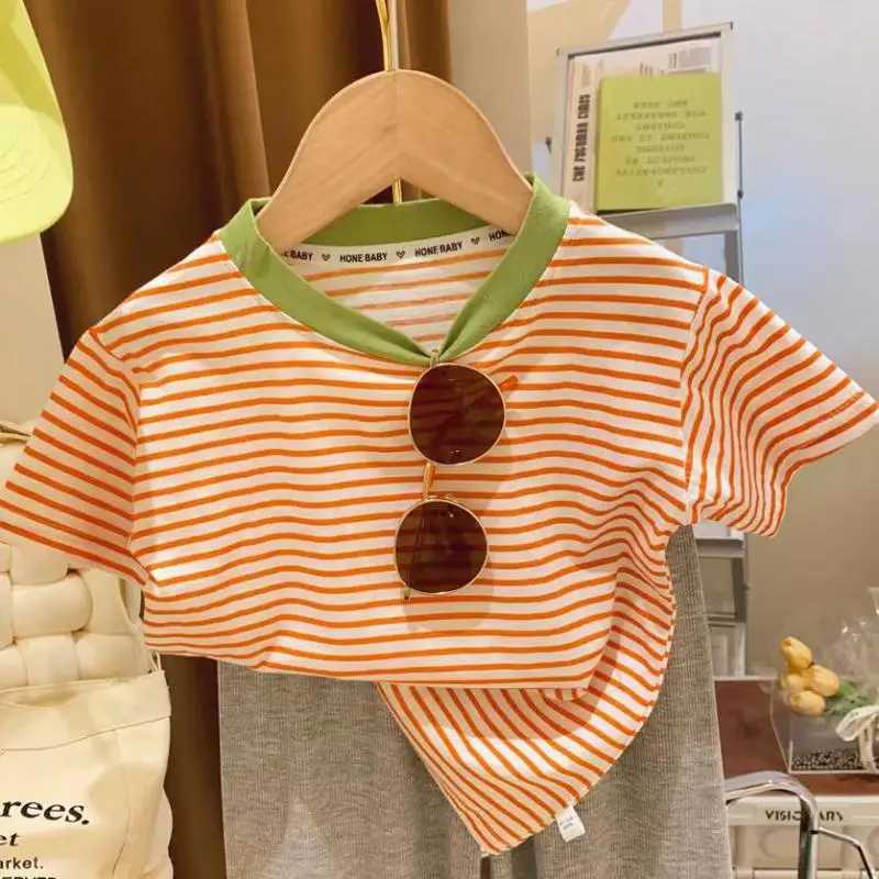 Girls Summer Short-sleeved Striped Contrast T-shirt Fashion Tops Childrens Wear Pure Cotton Casual Loose Versatile Base ShirtT250306
