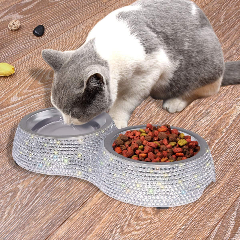 Small Cat Bowls, Handmade Bling Rhinestones Stainless Steel Pet Bowls Double Food Water Feeder for Puppy Cats Dogs Cats 320ML