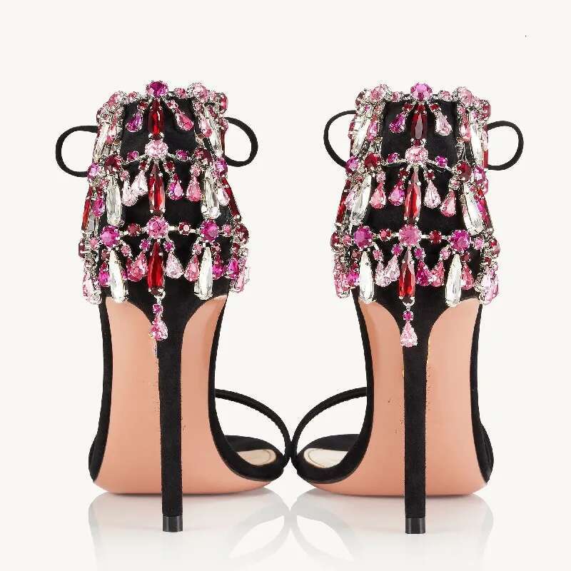 Colours Rhie Chains Narrow Band Sandals Wedding Women Bowknot Lace Up High Heel Open Toe Crystal Summer Party Shoes