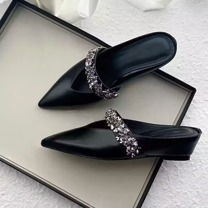 2025 new European shoes made of genuine leather with rhinestone toe cap, pointed end for height increase, lazy semi dragging women's cool slipper
