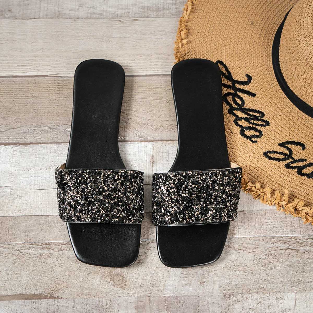Flat Slippers for Women 2025 Summer Designer Big Size Rhine Flip-flops Ladies Women Casual Sequin Slipper Shoes Women Y250306