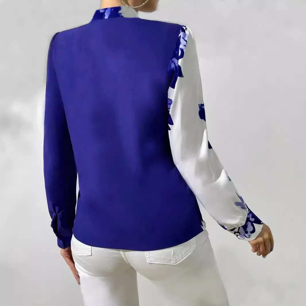 Long Sleeve Blue Wer Print Women 2024 Spring And Autumn Ladies Tops Elegant Work Office Casual Shirt Blouse