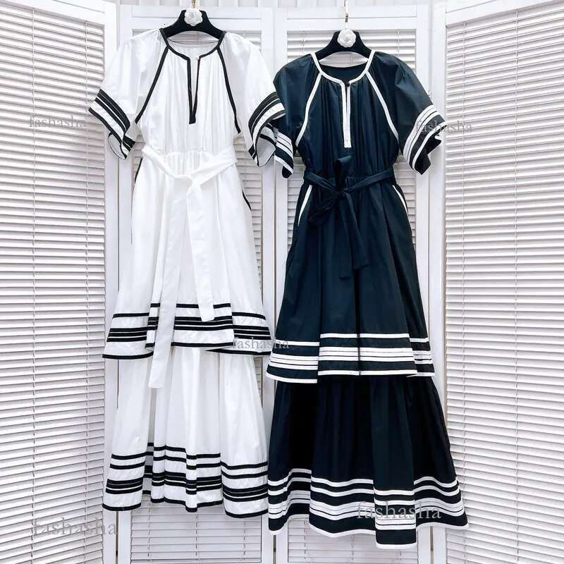 506 XL 2024 Milan Runway Dress Spring Summer Short Sleeve Crew Neck Black White Dresses Womens Dress Fashion High Quality L