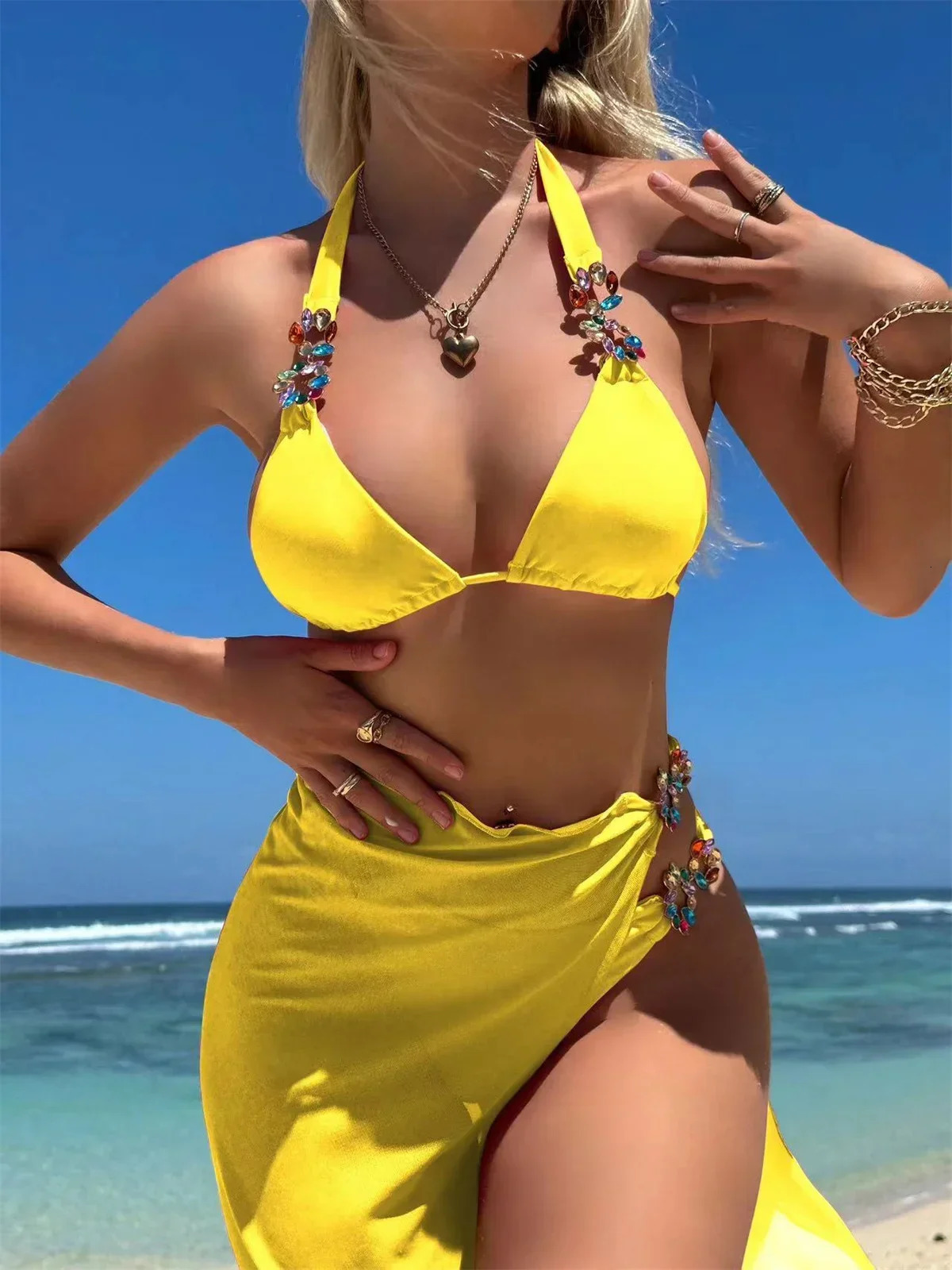 y Rhinestone Bikini Set Women Yellow Diamond Push Up Mesh Skirt 3 Piece Swimsuit Beach Bathing Suit Cover Swimwear 250306