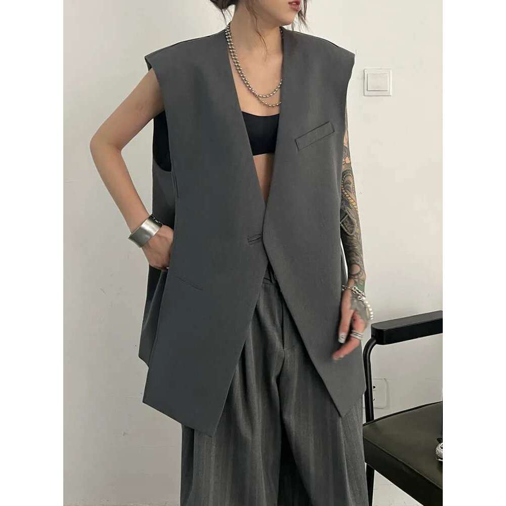 Loose Silhouette Sleeveless Collarless Blazer Vest Camisole For Women 2024 Spring Autumn New Fashion Female Clothing